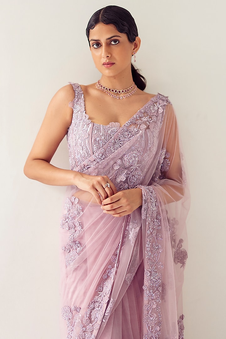 Lavender Soft Tulle Bridal Saree Set by Mishru at Pernia's Pop Up Shop