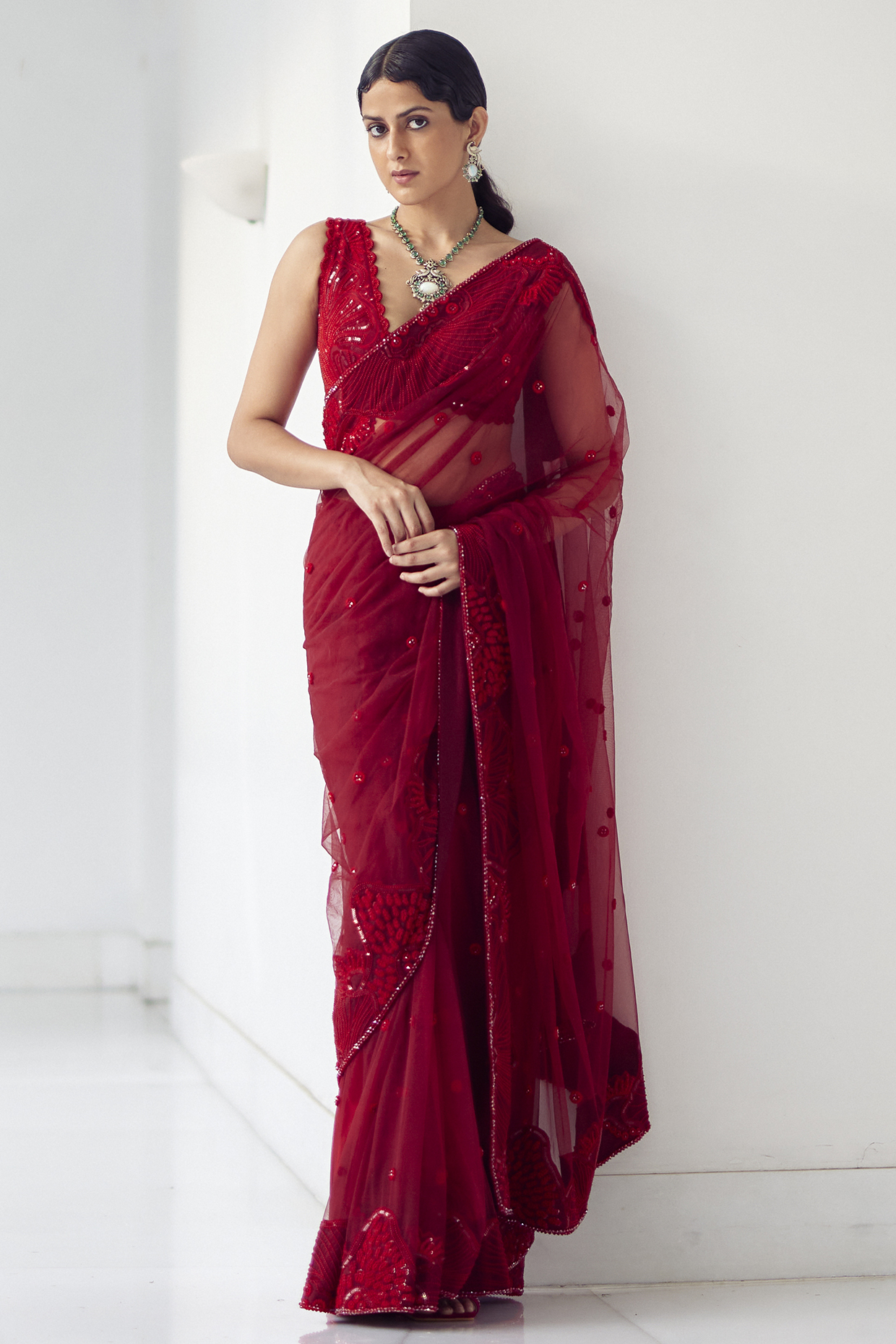 Red Soft Tulle Saree Set by Mishru at Pernia's Pop Up Shop