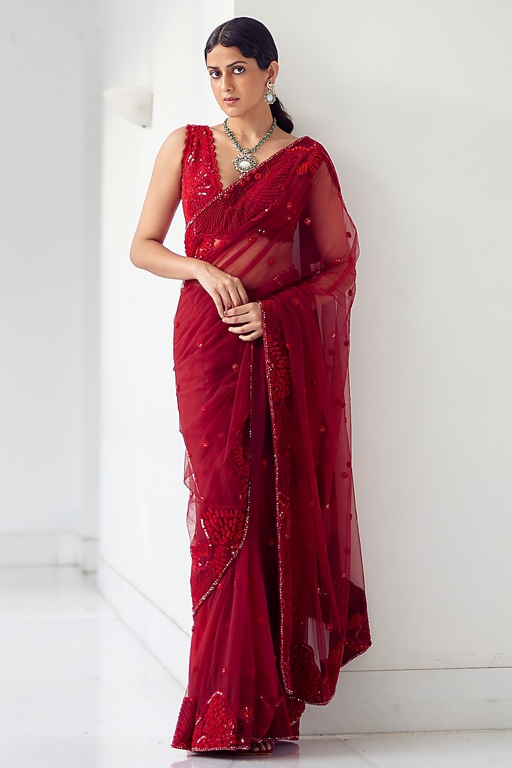 Red Soft Tulle Saree Set by Mishru at Pernia's Pop Up Shop