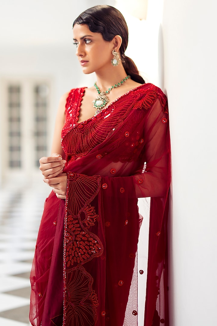 Red Soft Tulle Bridal Saree Set by Mishru at Pernia's Pop Up Shop