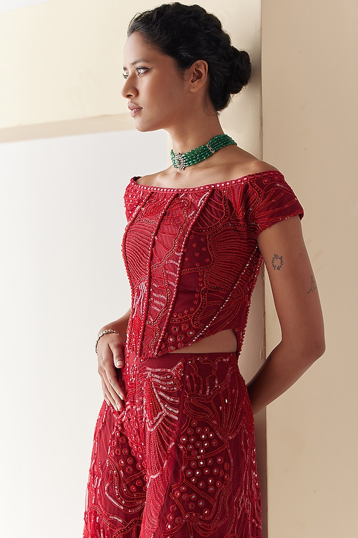 Red Tulle Flared Pant Set by Mishru at Pernia's Pop Up Shop