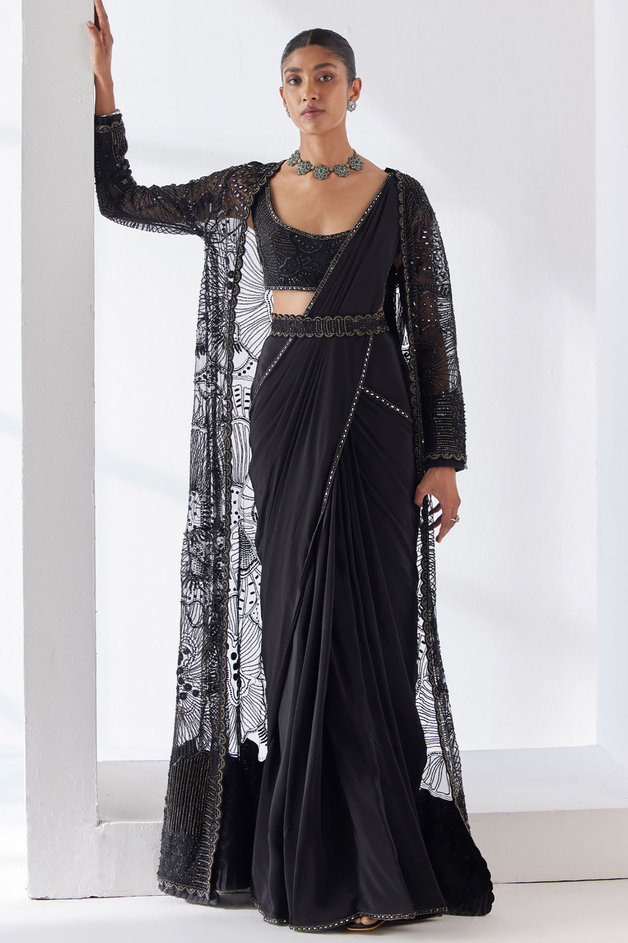 Black Crepe & Soft Tulle Pre-Draped Jacket Bridal Saree Set by Mishru at Pernia's Pop Up Shop