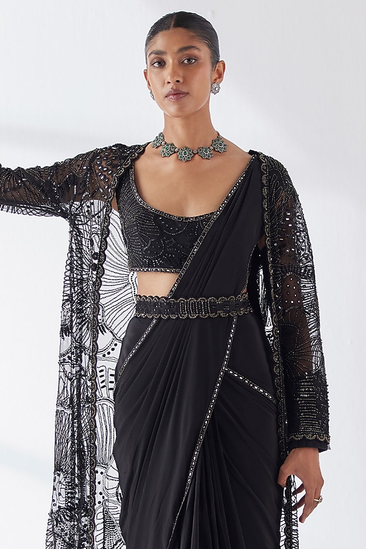 Black Crepe & Soft Tulle Pre-Draped Jacket Bridal Saree Set by Mishru at Pernia's Pop Up Shop