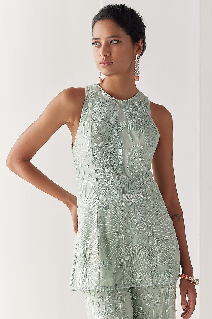 Mint Soft Tulle Kurta Set by Mishru at Pernia's Pop Up Shop