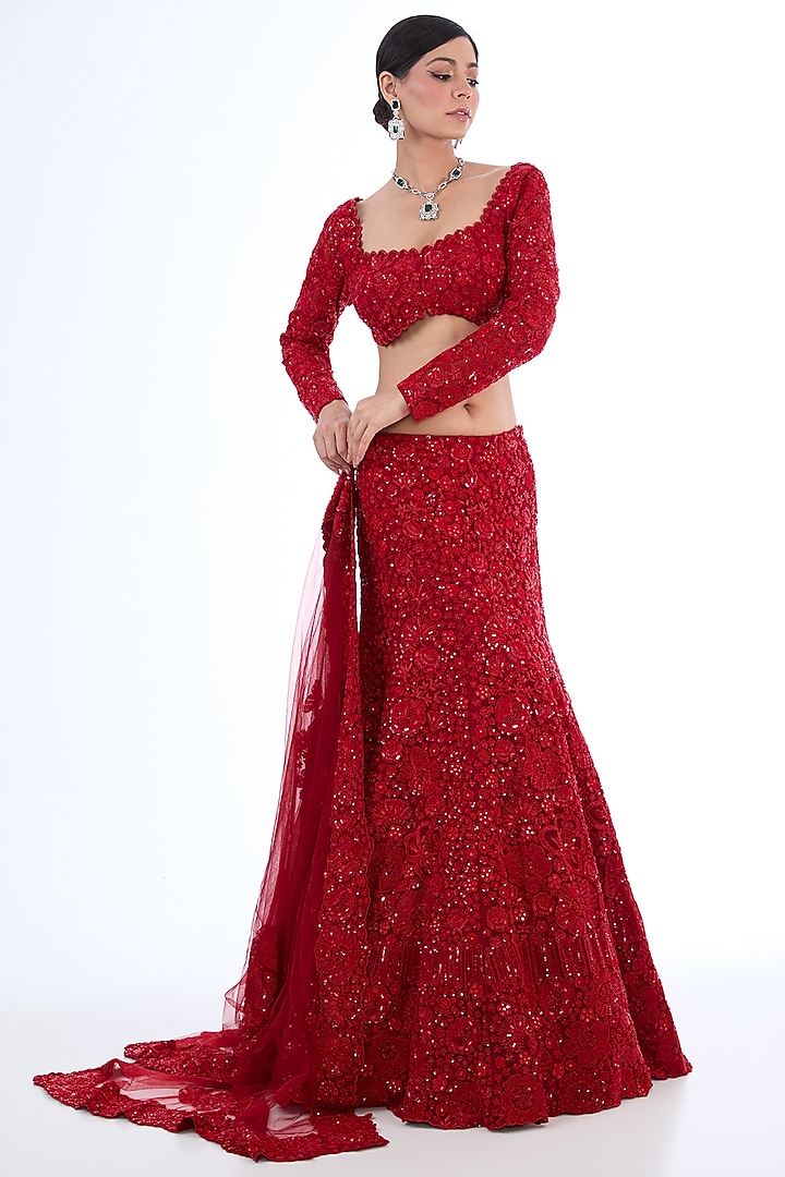 Red Organza & Tulle Floral Embroidered Lehenga Set by Mishru