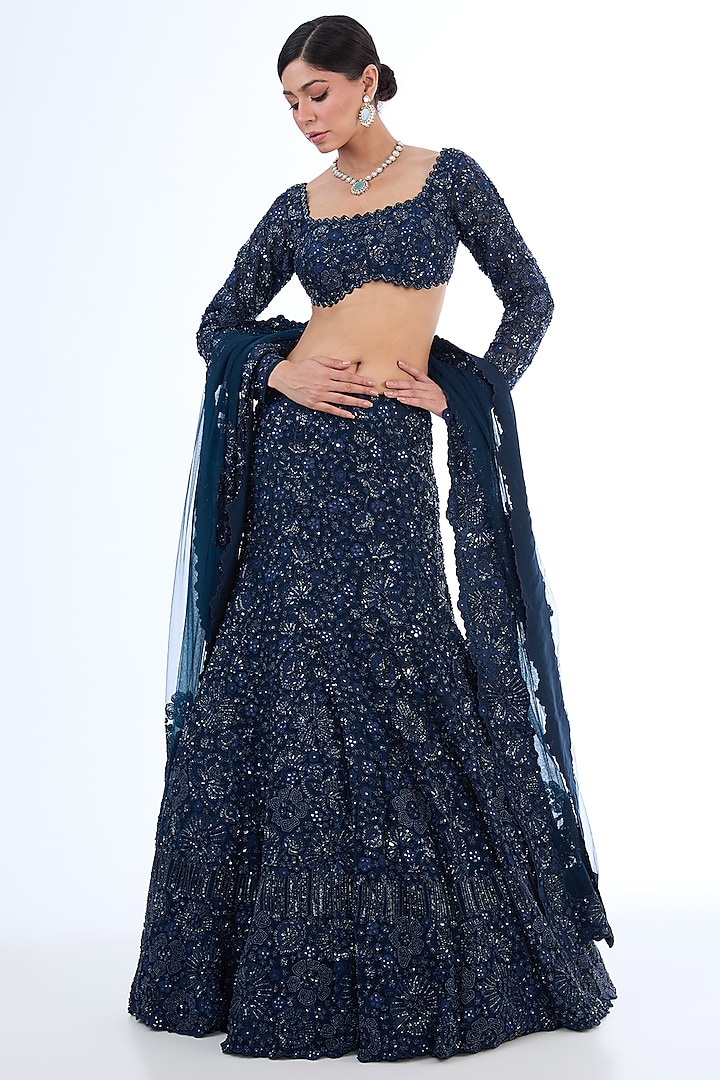 Blue Organza & Tulle Floral Embroidered Lehenga Set by Mishru