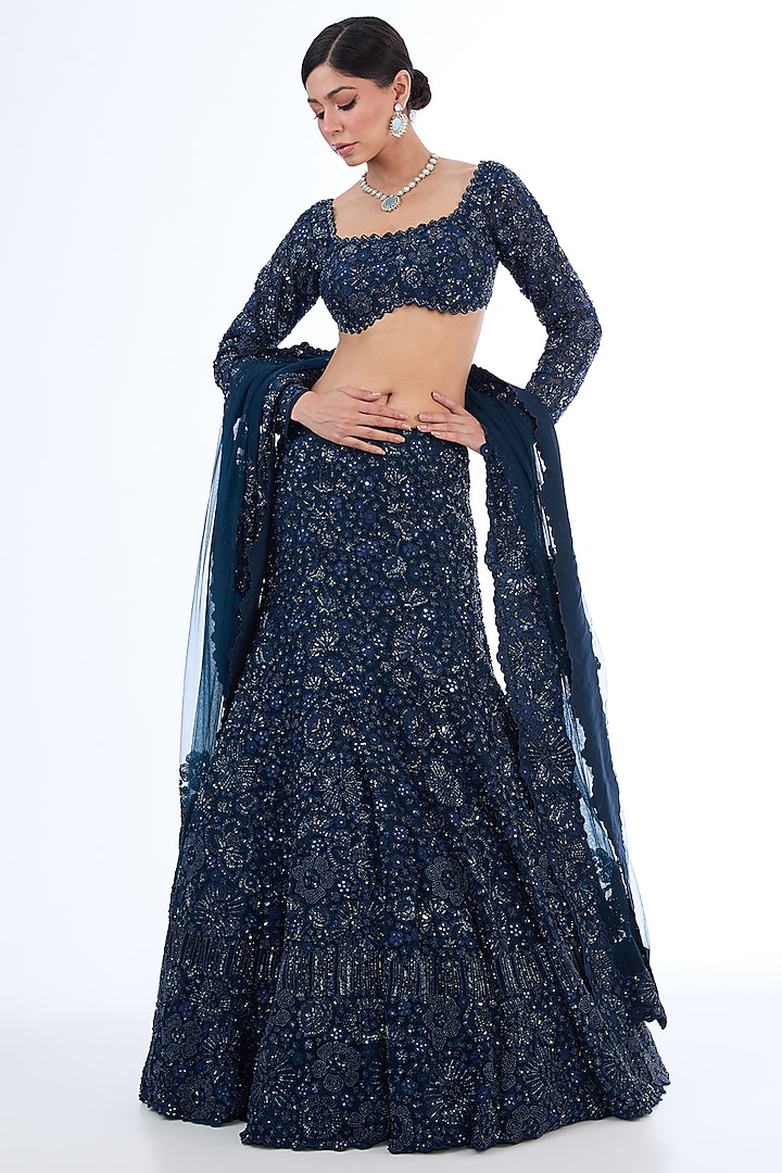 Blue Organza & Tulle Floral Embroidered Bridal Lehenga Set by Mishru at Pernia's Pop Up Shop