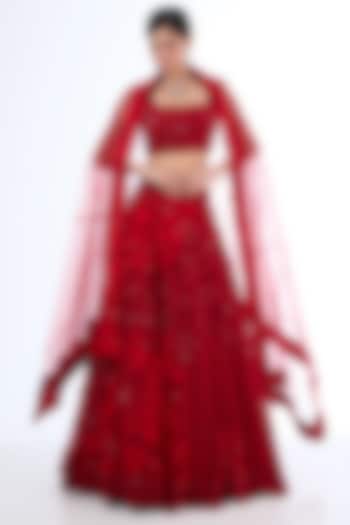 Red Tulle Aari Embroidered Lehenga Set by Mishru