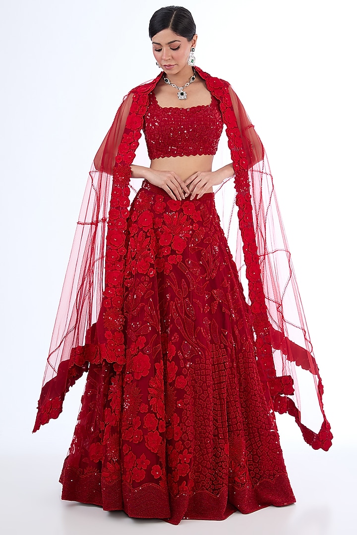 Red Tulle Aari Embroidered Lehenga Set by Mishru