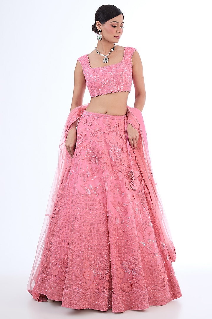 Pink Tulle Aari Embroidered Lehenga Set by Mishru