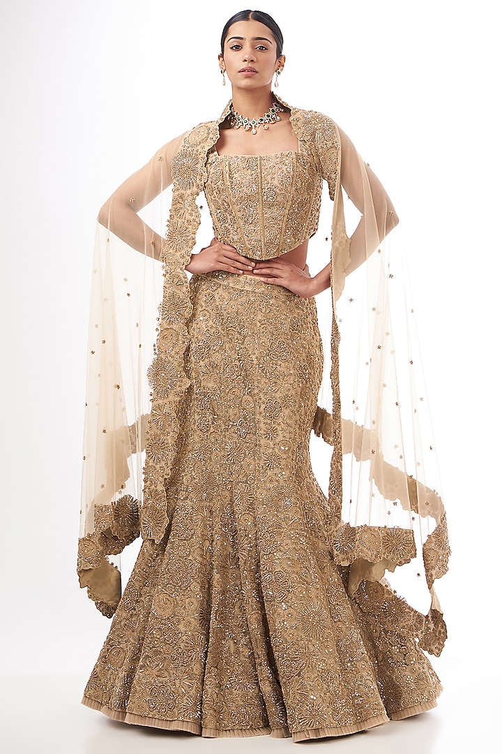 Gold Tulle Hand Embroidered Mermaid Lehenga Set by Mishru