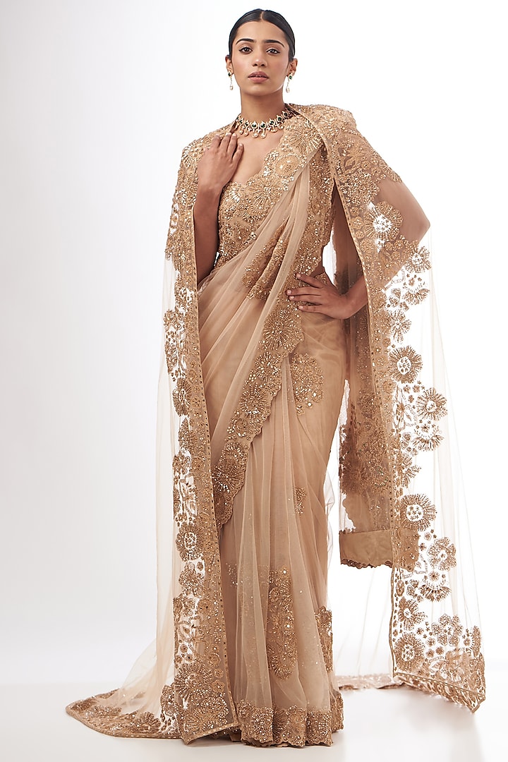 Gold Tulle Hand Embroidered Jacket Saree Set by Mishru