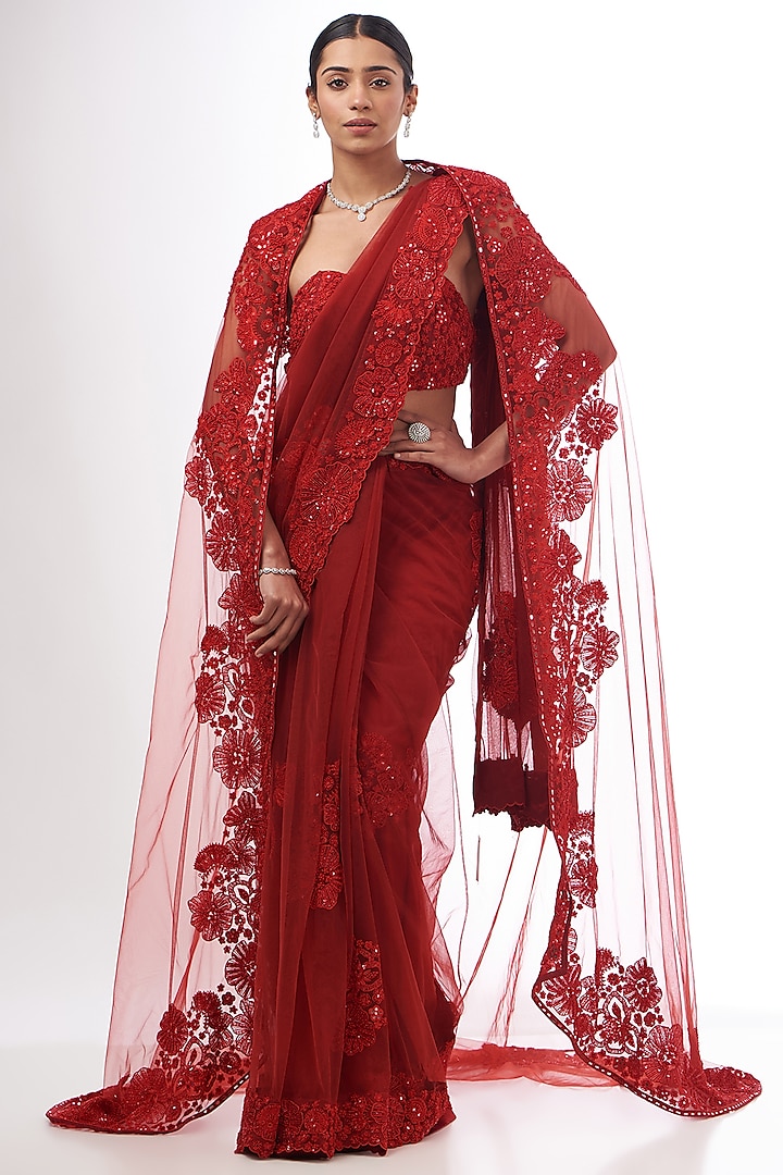 Red Tulle Hand Embroidered Jacket Saree Set by Mishru at Pernia's Pop Up Shop