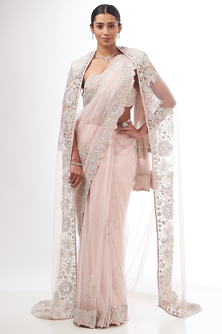 Pink Tulle Hand Embroidered Jacket Saree Set by Mishru