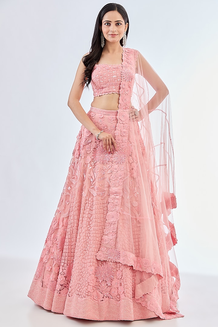 Pink Tulle Aari Embroidered Lehenga Set by Mishru