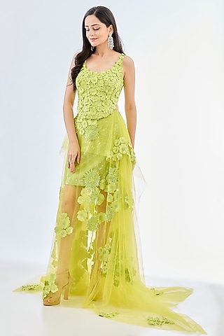 Lime Green Tulle Skirt Set by Mishru
