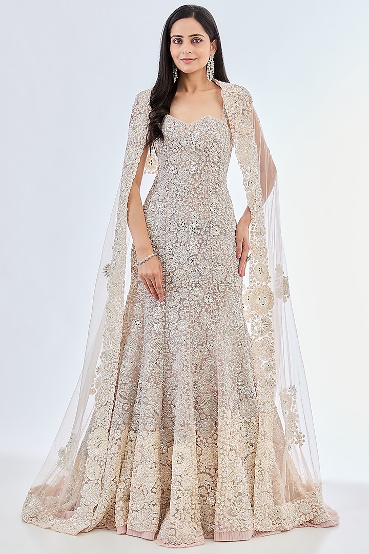 Blush Pink Tulle Hand Embroidered Gown With Cape by Mishru