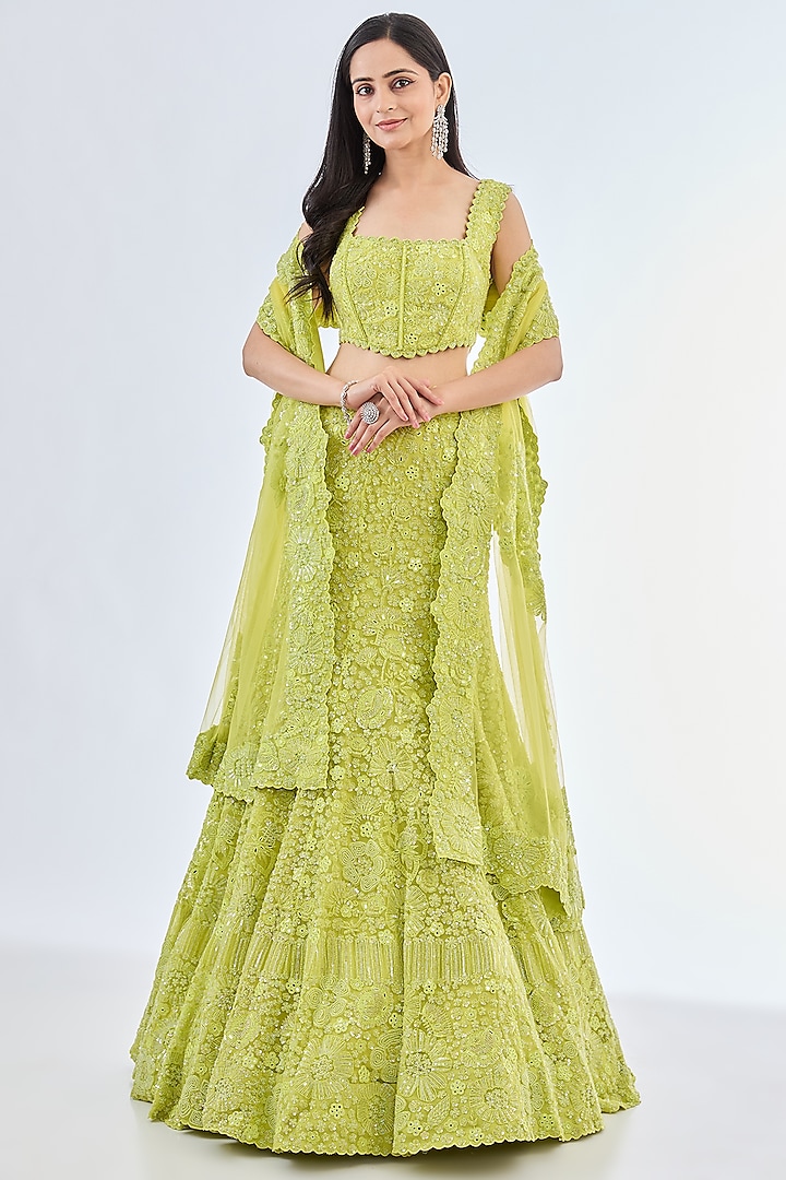 Green Tulle Hand Embroidered Bridal Lehenga Set by Mishru at Pernia's Pop Up Shop