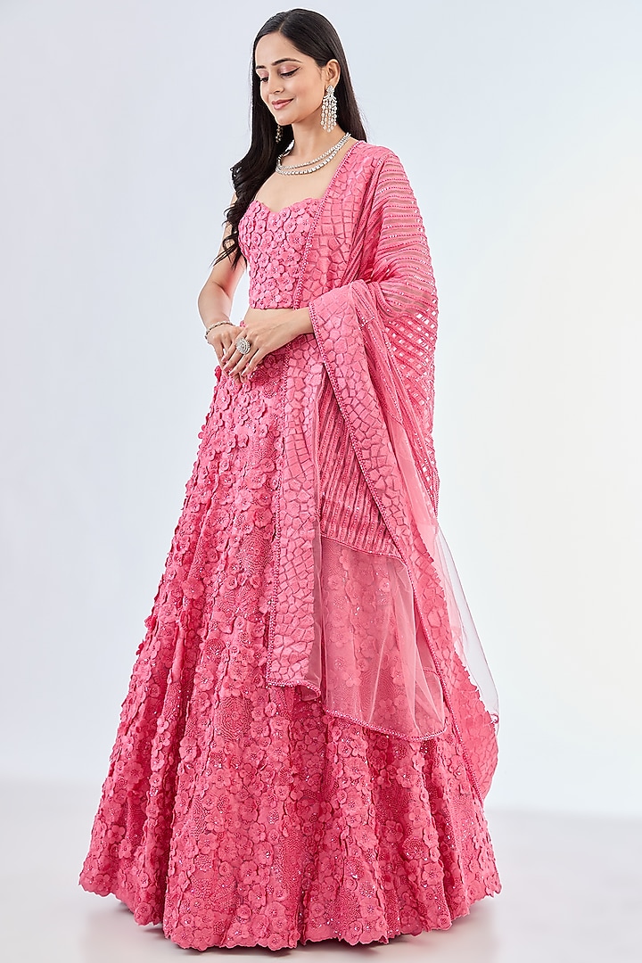 Pink Organza & Tulle Hand Embroidered Lehenga Set by Mishru