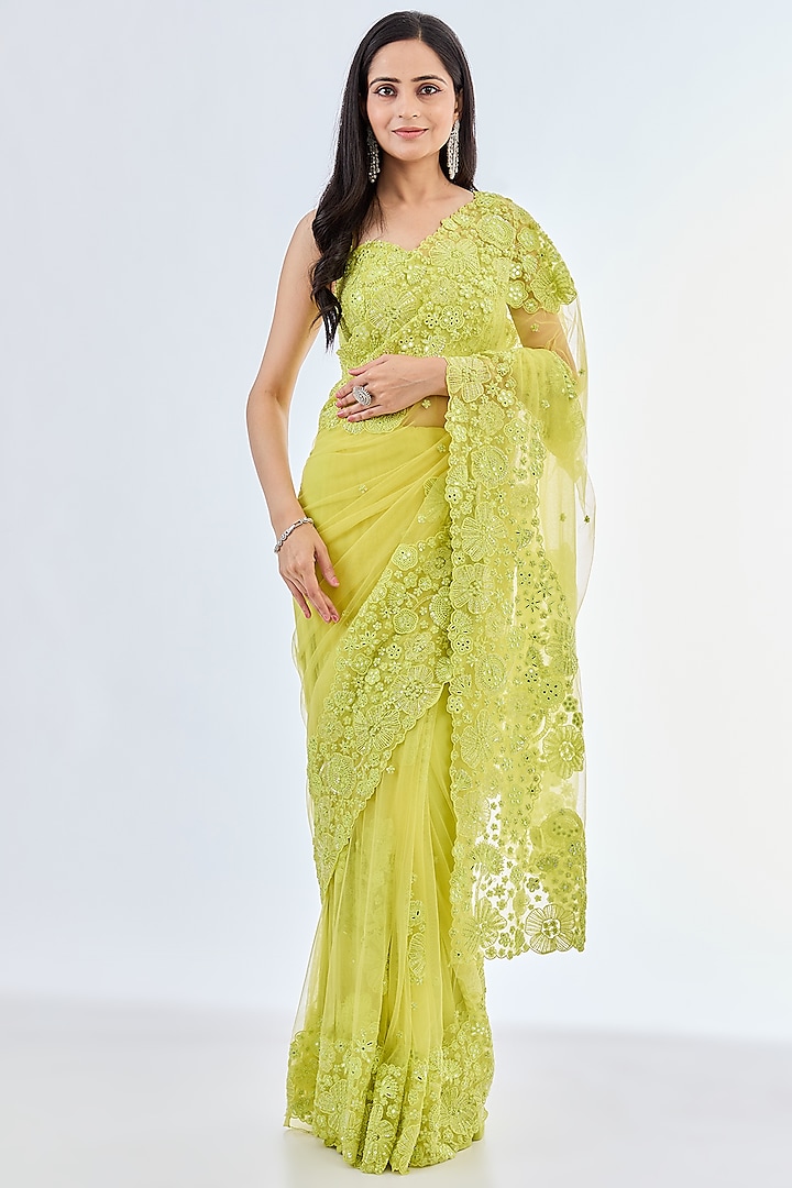 Green Tulle Hand Embroidered Saree Set by Mishru at Pernia's Pop Up Shop