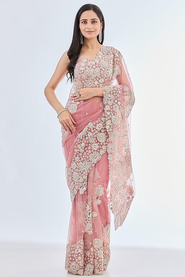 Pink Tulle Hand Embroidered Saree Set by Mishru at Pernia's Pop Up Shop