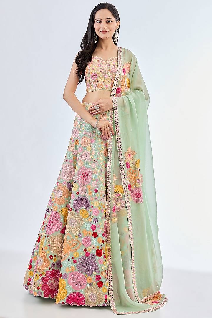 Multi-Colored Organza Hand Embroidered Lehenga Set by Mishru