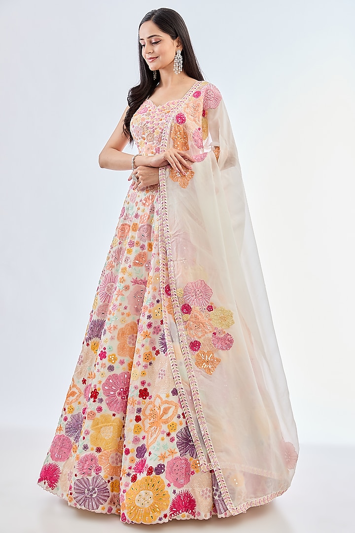 Multi-Colored Organza Hand Embroidered Lehenga Set by Mishru