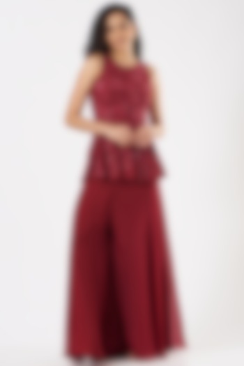 Maroon Georgette & Organza Flared Pant Set by Mishru at Pernia's Pop Up Shop