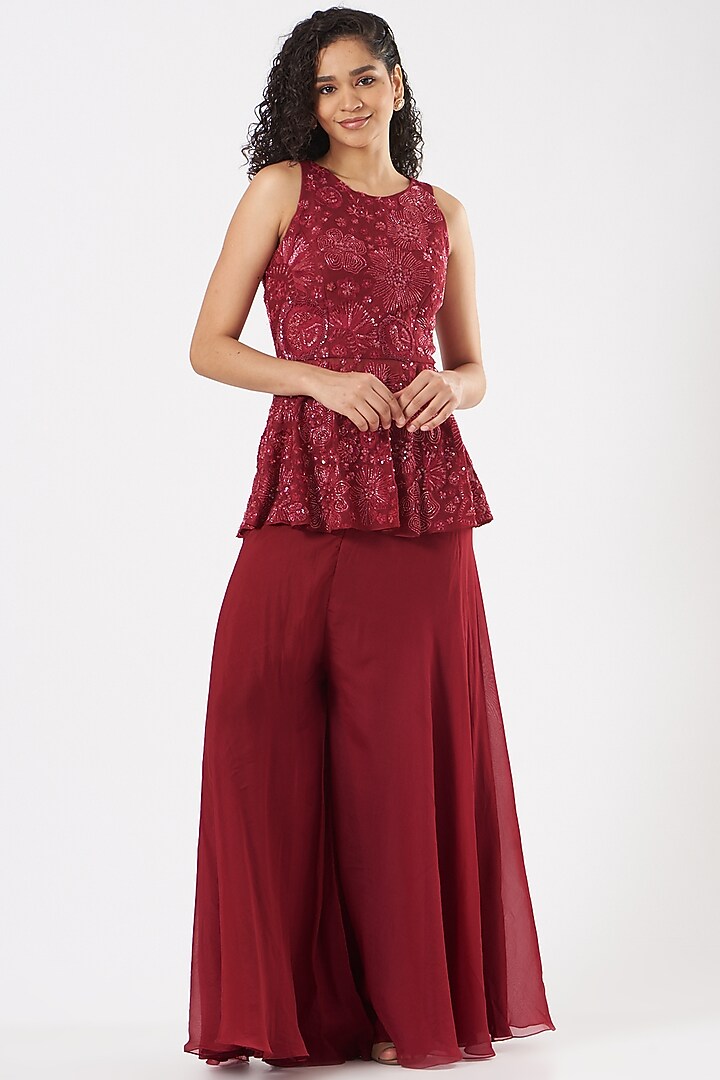 Maroon Georgette & Organza Flared Pant Set by Mishru at Pernia's Pop Up Shop
