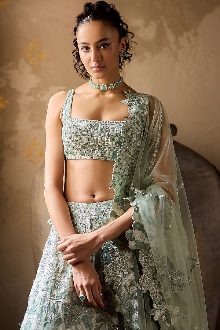 Mint Green Organza Embroidered Bridal Lehenga Set by Mishru at Pernia's Pop Up Shop