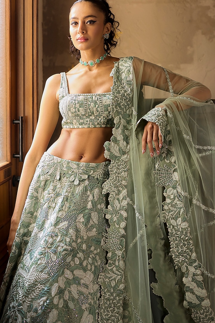 Mint Green Organza Embroidered Bridal Lehenga Set by Mishru at Pernia's Pop Up Shop