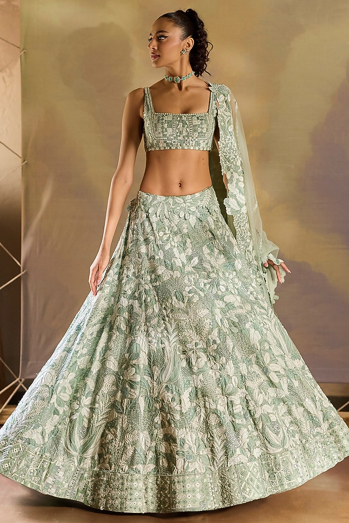 Mint Green Organza Embroidered Bridal Lehenga Set by Mishru at Pernia's Pop Up Shop