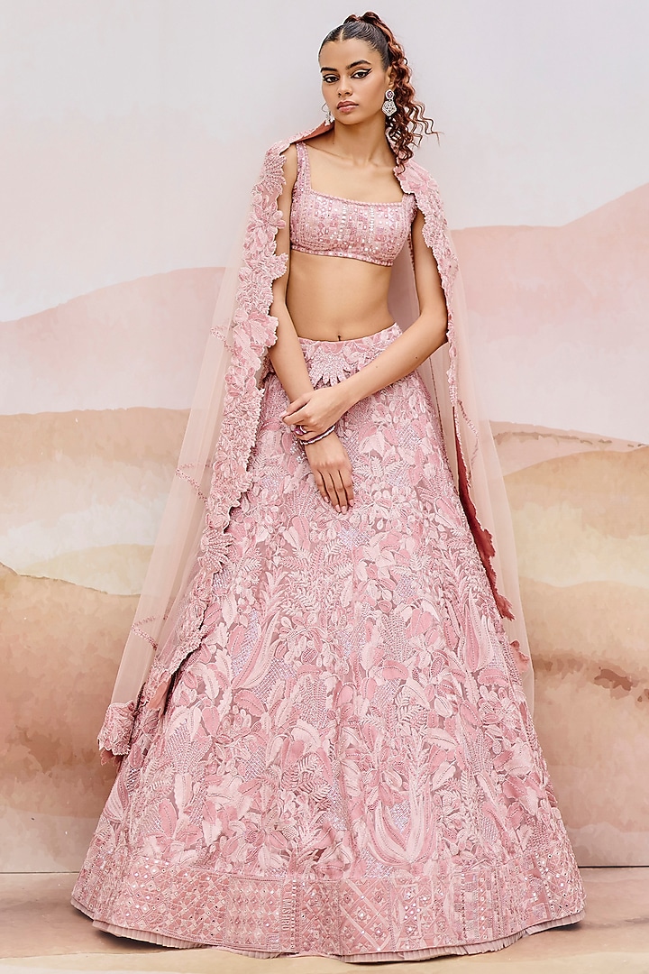 Muted Pink Organza Embroidered Bridal Lehenga Set by Mishru at Pernia's Pop Up Shop