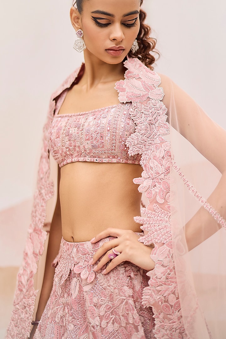 Muted Pink Organza Embroidered Bridal Lehenga Set by Mishru at Pernia's Pop Up Shop