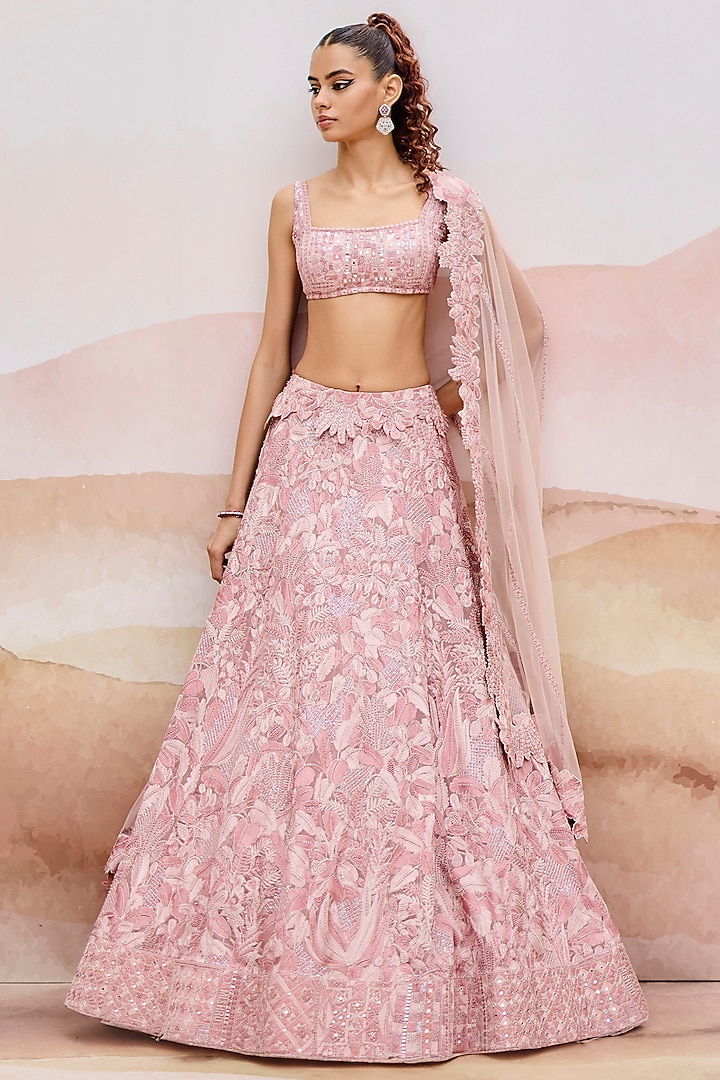 Muted Pink Organza Embroidered Bridal Lehenga Set by Mishru at Pernia's Pop Up Shop