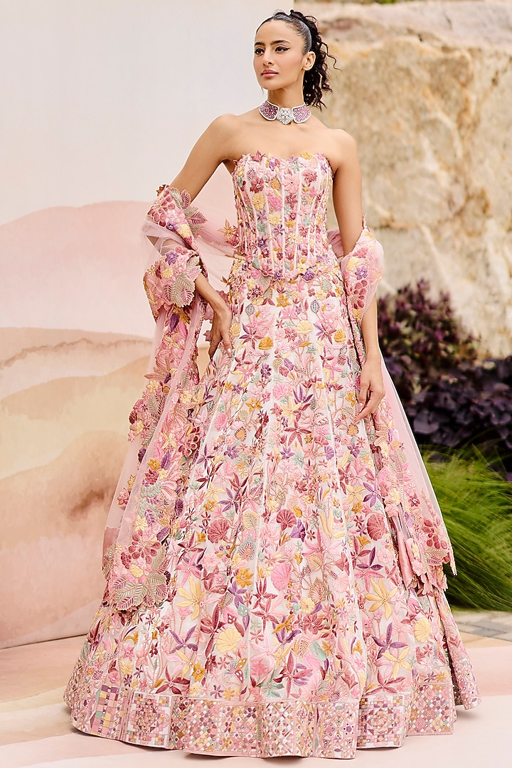 Multi-Colored Organza Applique Floral Embroidered Bridal Lehenga Set by Mishru at Pernia's Pop Up Shop
