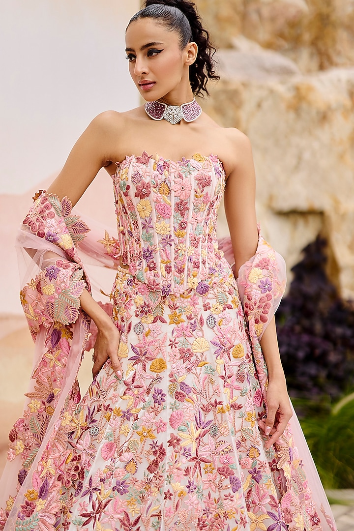Multi-Colored Organza Applique Floral Embroidered Bridal Lehenga Set by Mishru at Pernia's Pop Up Shop