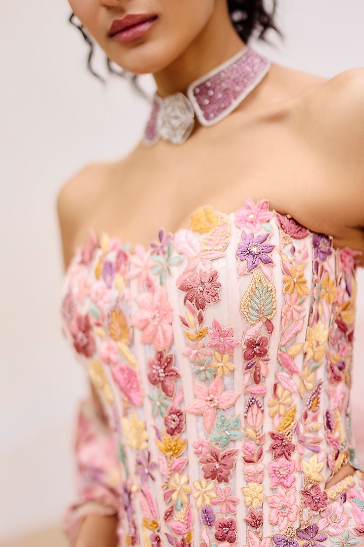 Multi-Colored Organza Applique Floral Embroidered Bridal Lehenga Set by Mishru at Pernia's Pop Up Shop
