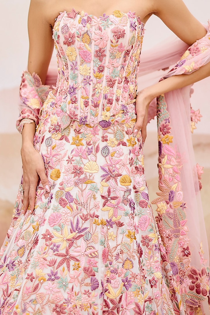 Multi-Colored Organza Applique Floral Embroidered Bridal Lehenga Set by Mishru at Pernia's Pop Up Shop