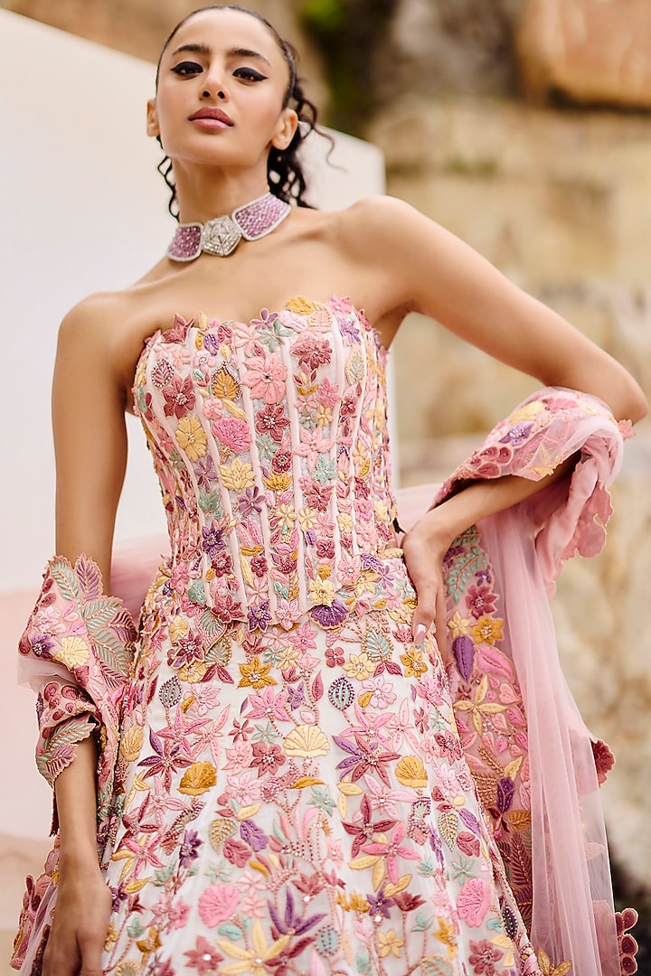 Multi-Colored Organza Applique Floral Embroidered Bridal Lehenga Set by Mishru at Pernia's Pop Up Shop
