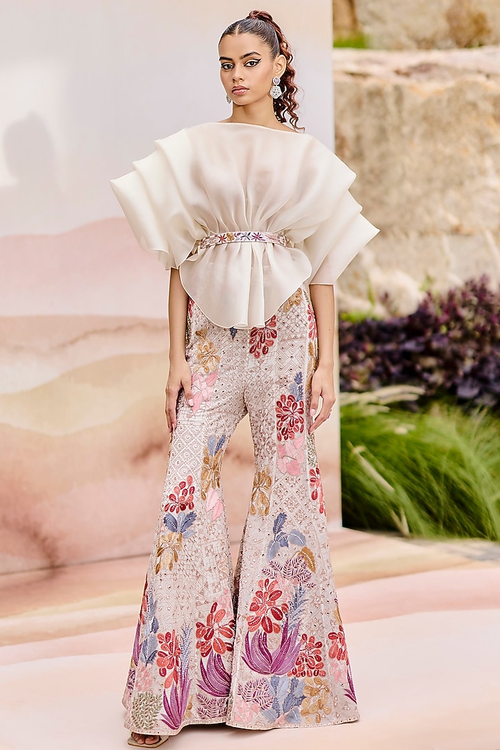 Ivory Organza Applique Floral Embroidered Pant Set by Mishru at Pernia's Pop Up Shop