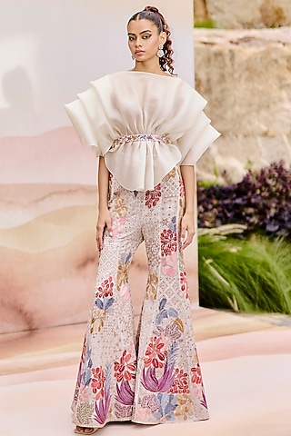 Ivory Organza Applique Floral Embroidered Pant Set by Mishru