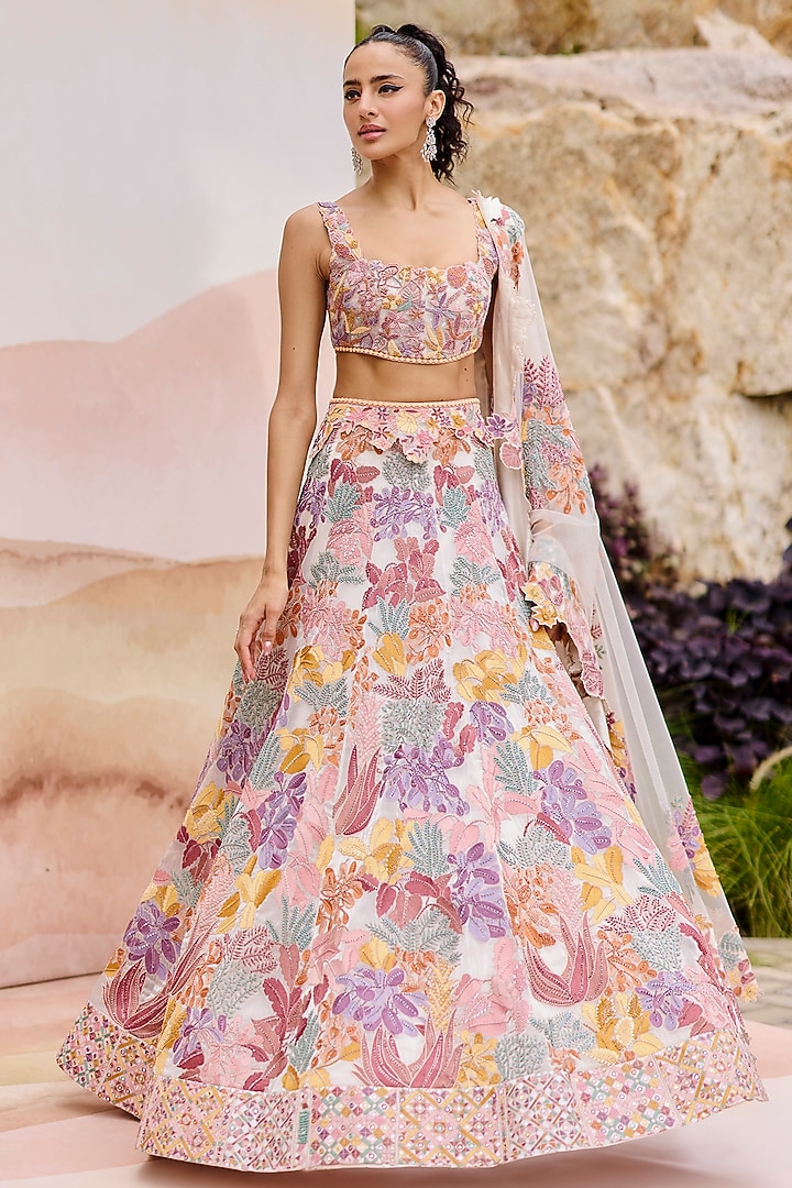 Ivory Organza Floral Embroidered Bridal Lehenga Set by Mishru at Pernia's Pop Up Shop