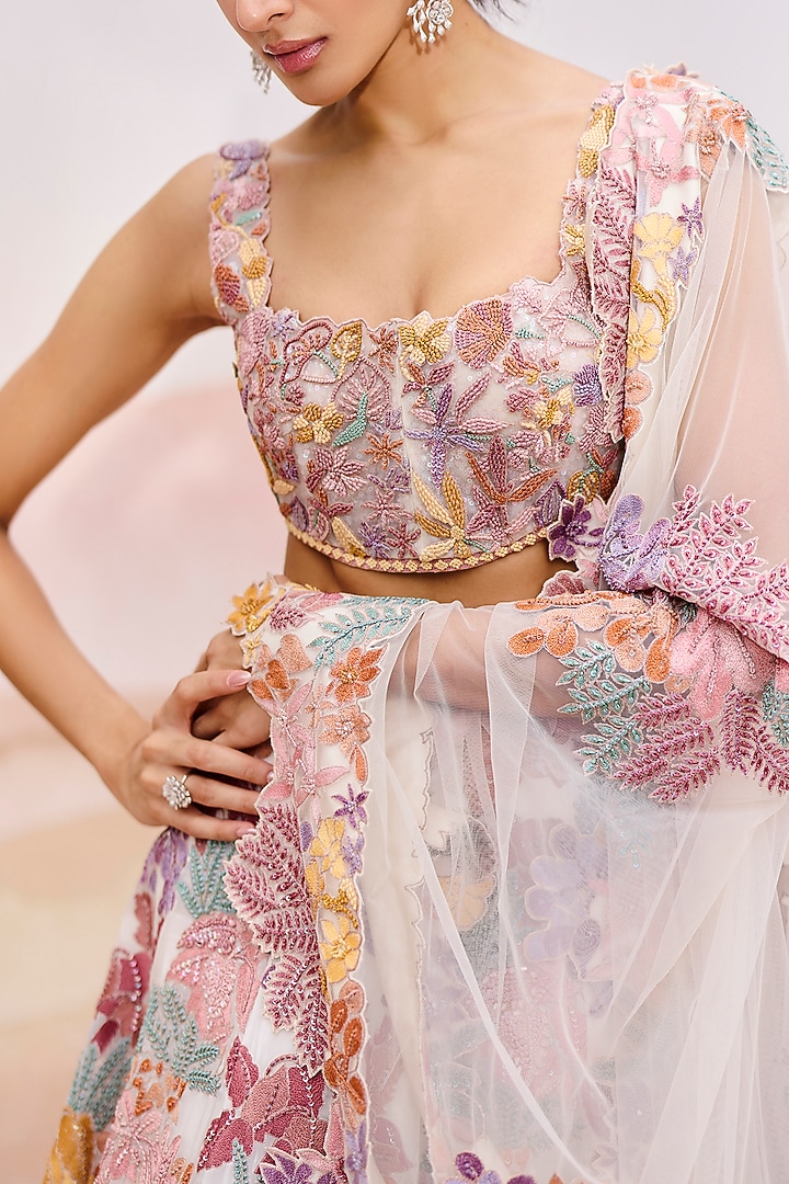 Ivory Organza Floral Embroidered Bridal Lehenga Set by Mishru at Pernia's Pop Up Shop