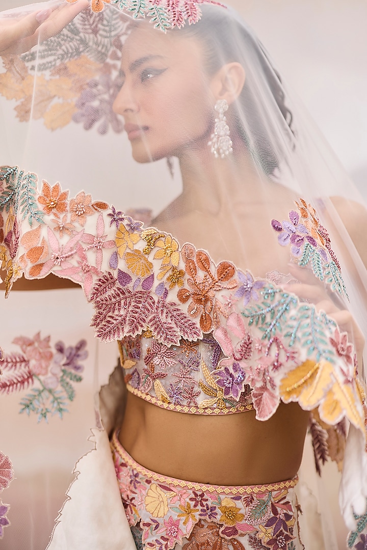 Ivory Organza Floral Embroidered Bridal Lehenga Set by Mishru at Pernia's Pop Up Shop