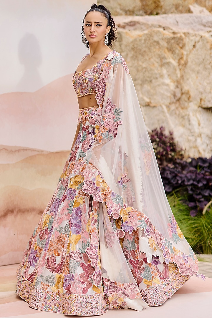Ivory Organza Floral Embroidered Bridal Lehenga Set by Mishru at Pernia's Pop Up Shop