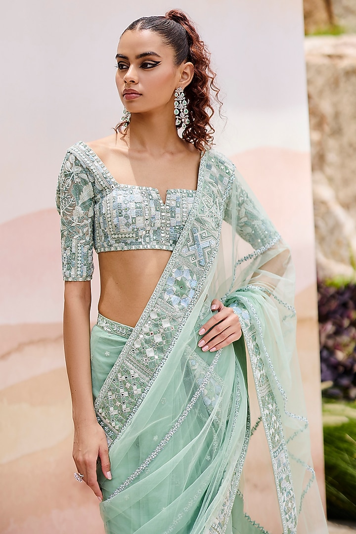 Mint Green Tulle Geometric Embroidered Bridal Saree Set by Mishru at Pernia's Pop Up Shop