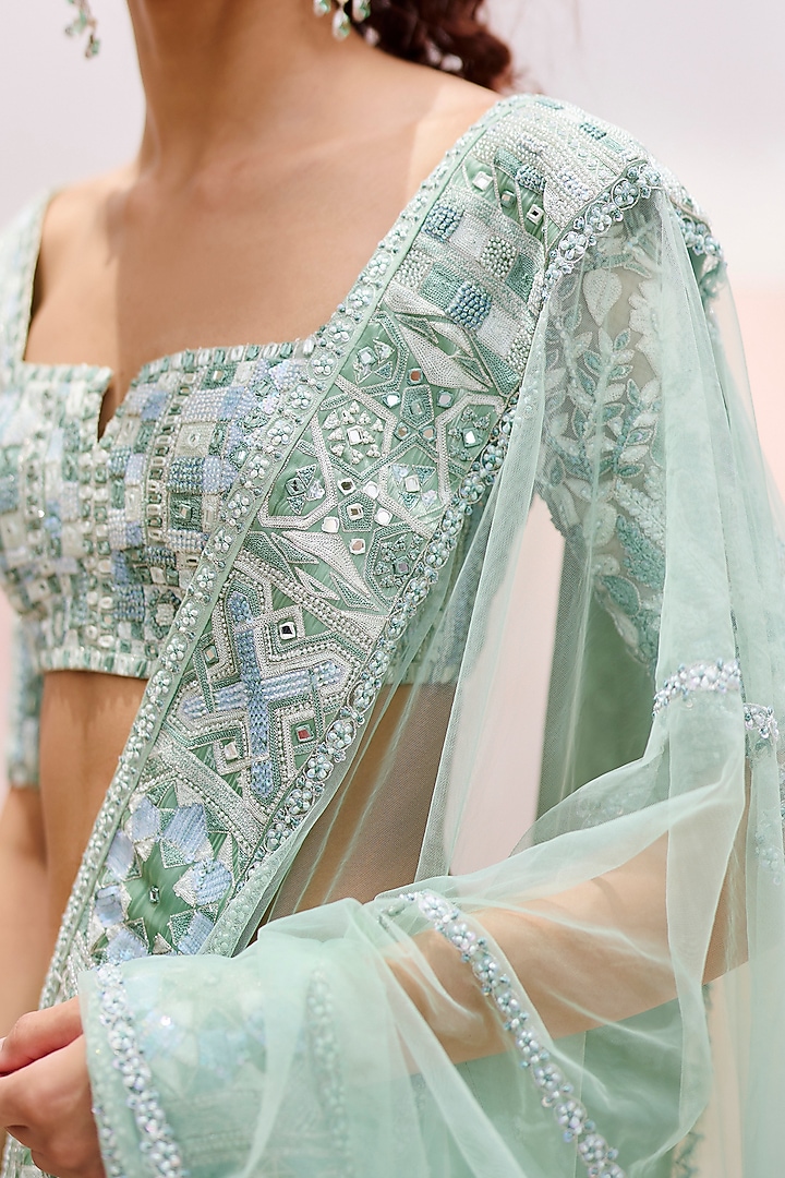 Mint Green Tulle Geometric Embroidered Bridal Saree Set by Mishru at Pernia's Pop Up Shop