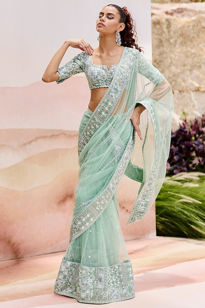 Mint Green Tulle Geometric Embroidered Bridal Saree Set by Mishru at Pernia's Pop Up Shop