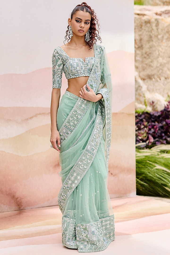 Mint Green Tulle Geometric Embroidered Bridal Saree Set by Mishru at Pernia's Pop Up Shop